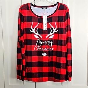BloomChic Christmas Print Plaid Button Up Sleep Top, Size Large, NWT